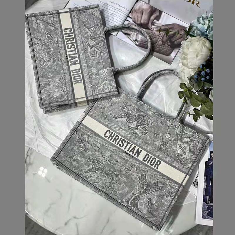 Dior Unisex CD Medium Dior Book Tote Gray Toile De Jouy Embroidery