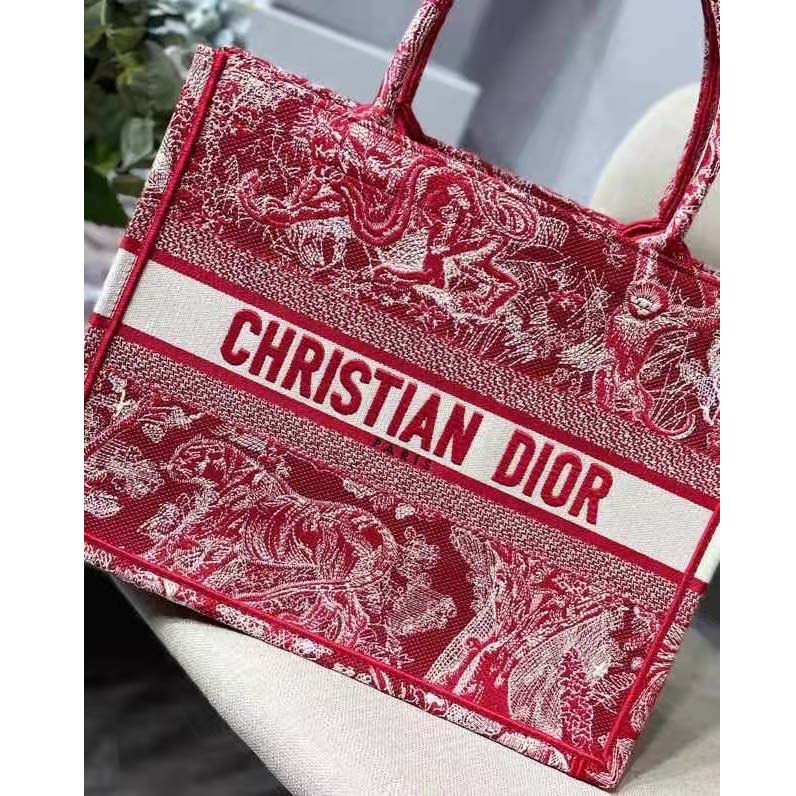 Dior Unisex Medium Book Tote Burgundy Toile De Jouy Stripes Embroidery