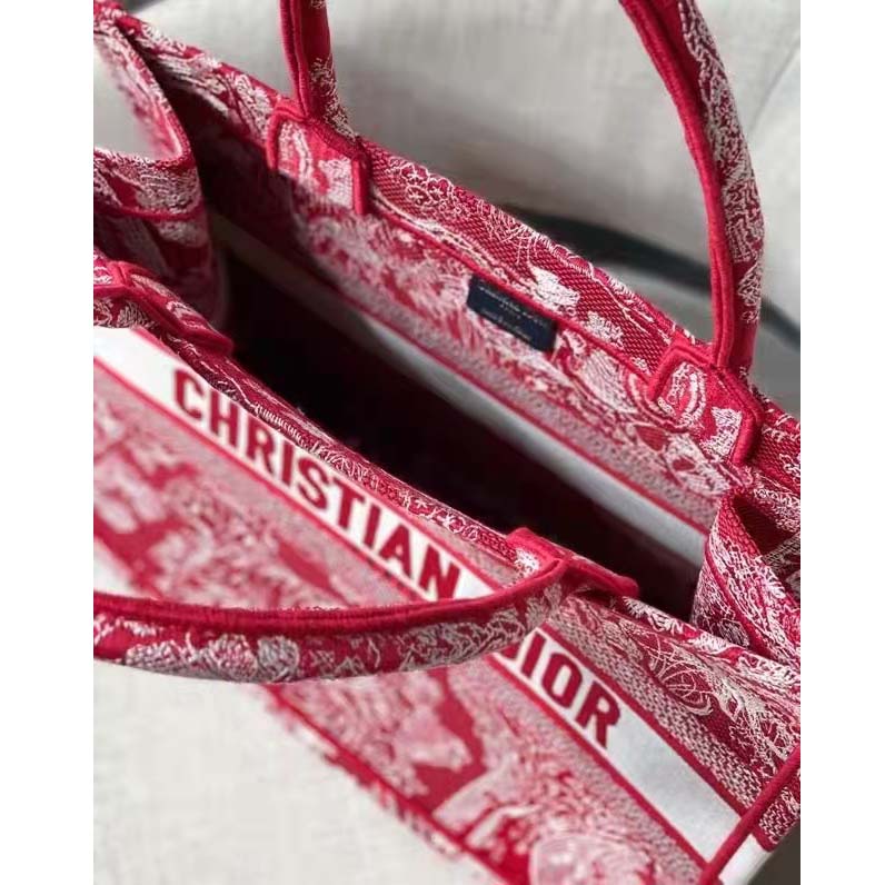 Dior Unisex Medium Book Tote Burgundy Toile De Jouy Stripes Embroidery