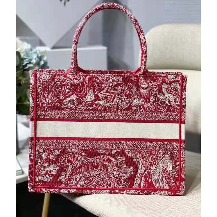 Dior Unisex Medium Book Tote Burgundy Toile De Jouy Stripes Embroidery