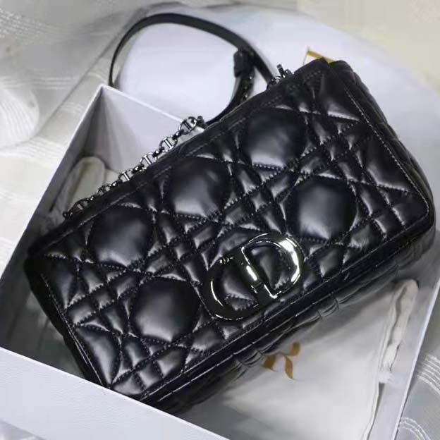 Dior Women CD Large Dior Caro Bag Black Quilted Macrocannage Calfskin