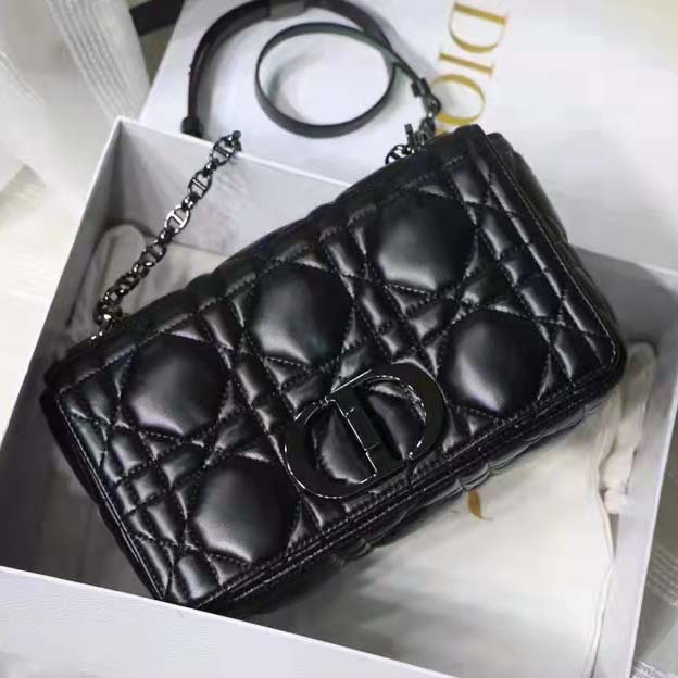 Dior Women CD Medium Dior Caro Bag Black Quilted Macrocannage Calfskin