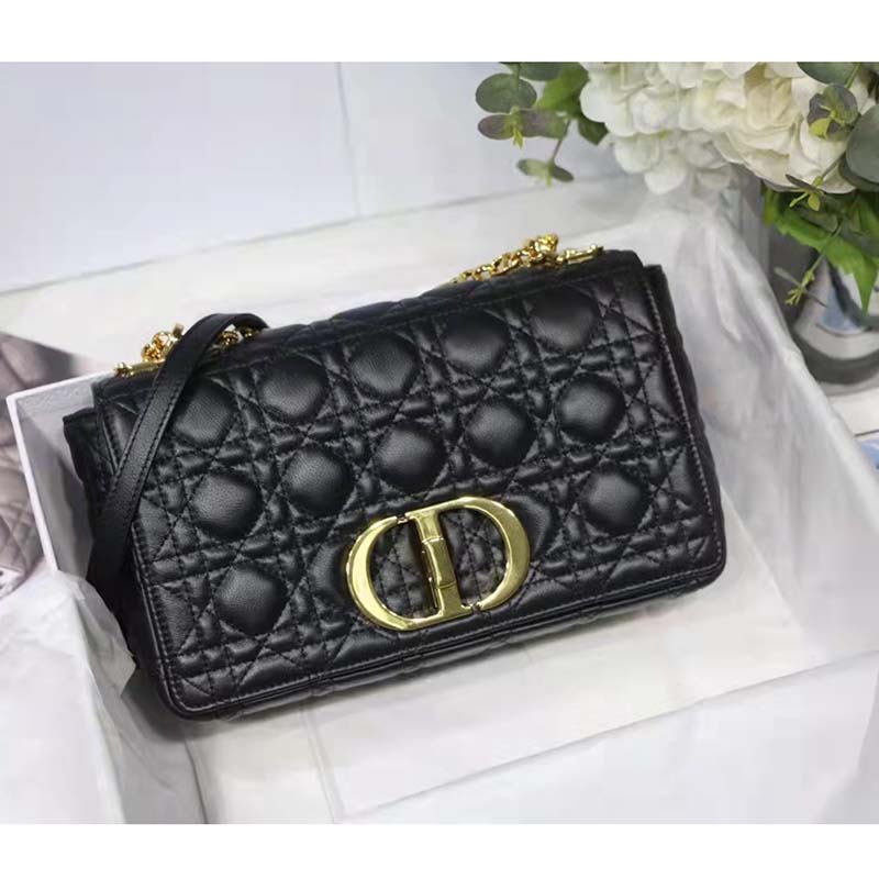 Dior Women CD Medium Dior Caro Bag Black Supple Cannage Calfskin