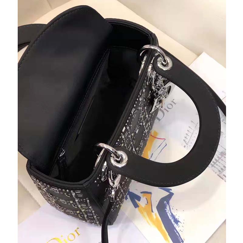 Dior Women CD Mini Lady Dior Bag Black Strass Cannage Satin