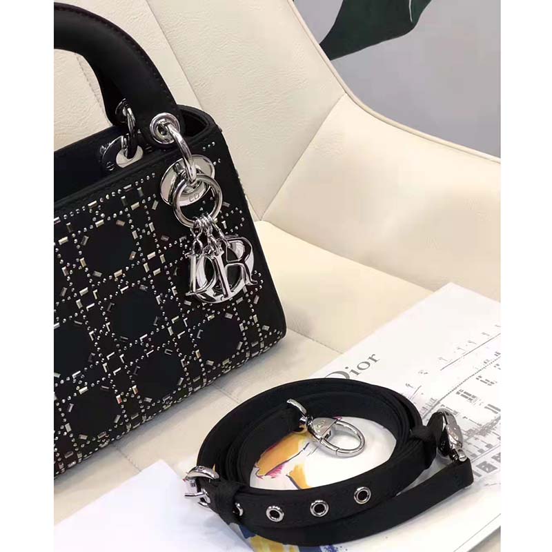 Dior Women CD Mini Lady Dior Bag Black Strass Cannage Satin