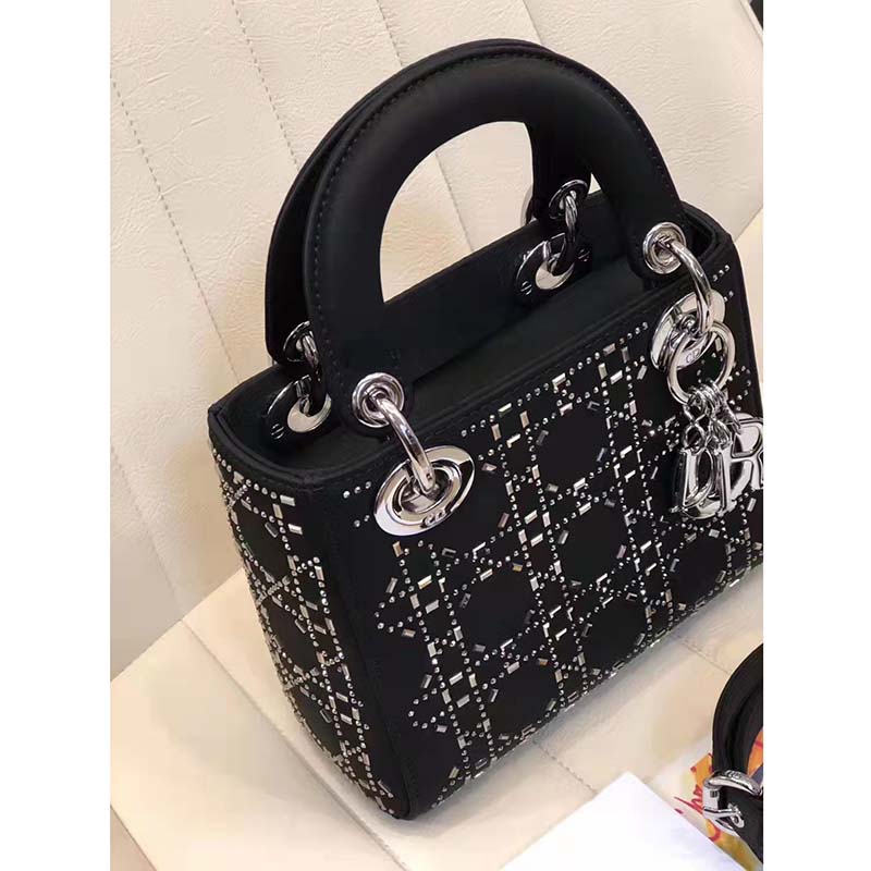 Dior Women CD Mini Lady Dior Bag Black Strass Cannage Satin