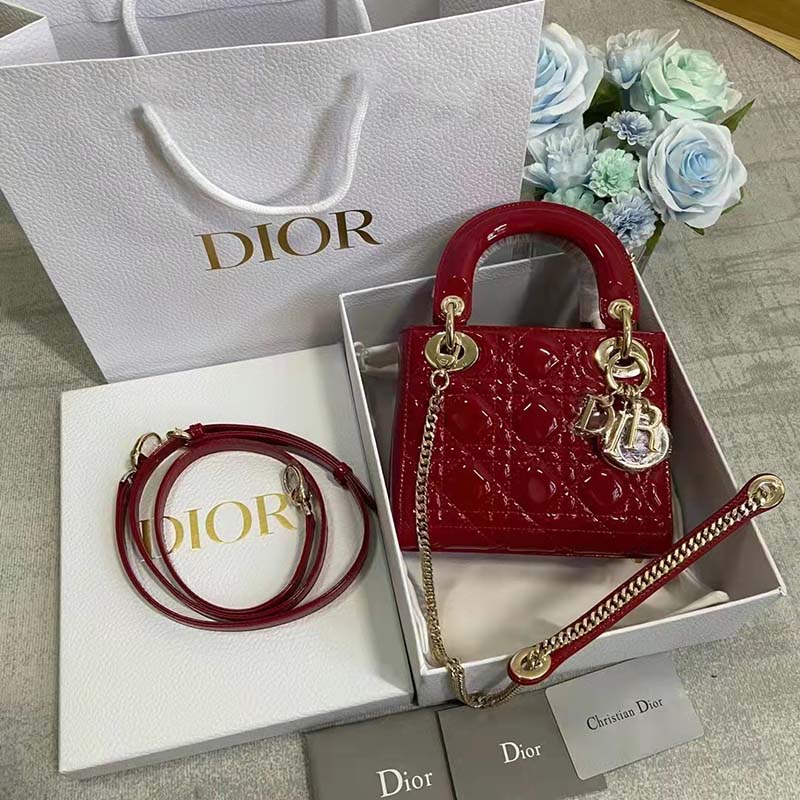 Dior Women CD Mini Lady Dior Bag Cherry Red Patent Cannage Calfskin