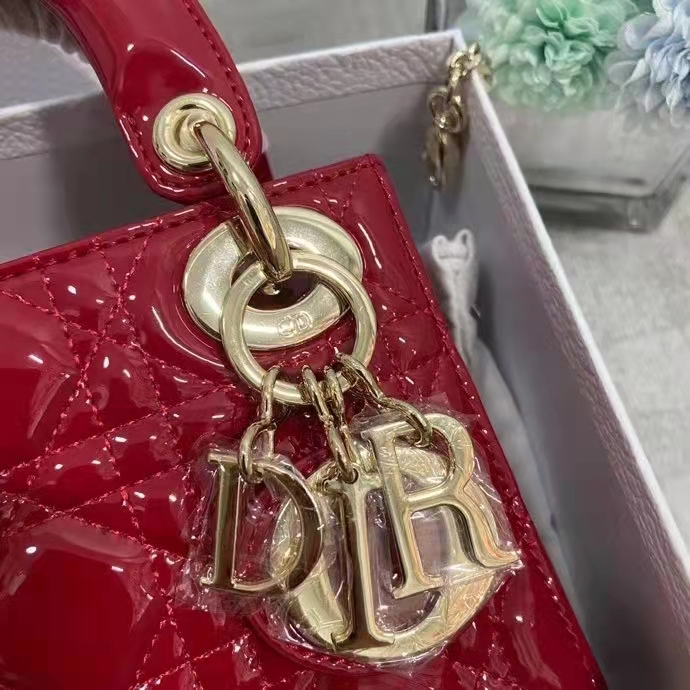 Dior Women CD Mini Lady Dior Bag Cherry Red Patent Cannage Calfskin