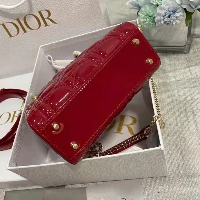 Dior Women CD Mini Lady Dior Bag Cherry Red Patent Cannage Calfskin