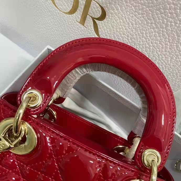 Dior Women CD Mini Lady Dior Bag Cherry Red Patent Cannage Calfskin