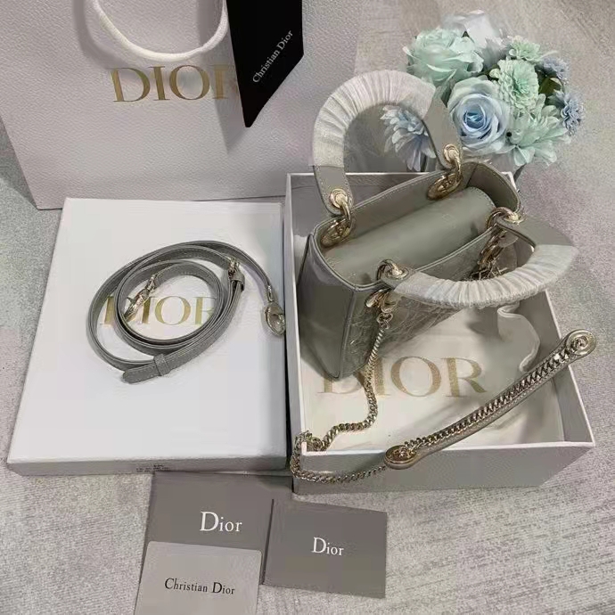 Dior Women CD Mini Lady Dior Bag Gray Patent Cannage Calfskin