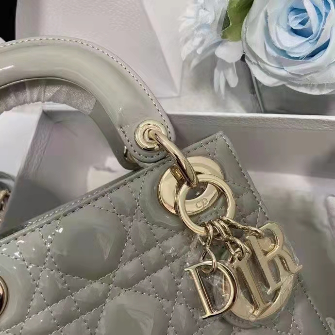 Dior Women CD Mini Lady Dior Bag Gray Patent Cannage Calfskin