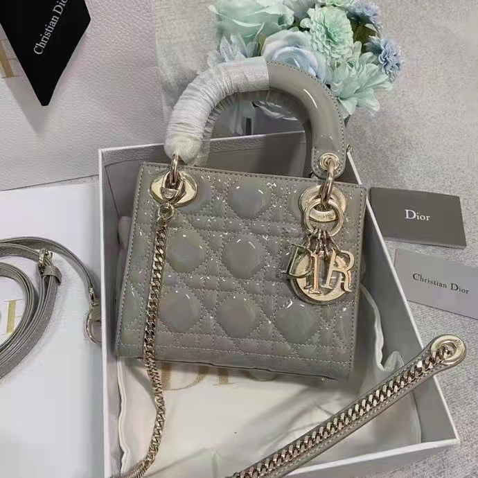 Dior Women CD Mini Lady Dior Bag Gray Patent Cannage Calfskin