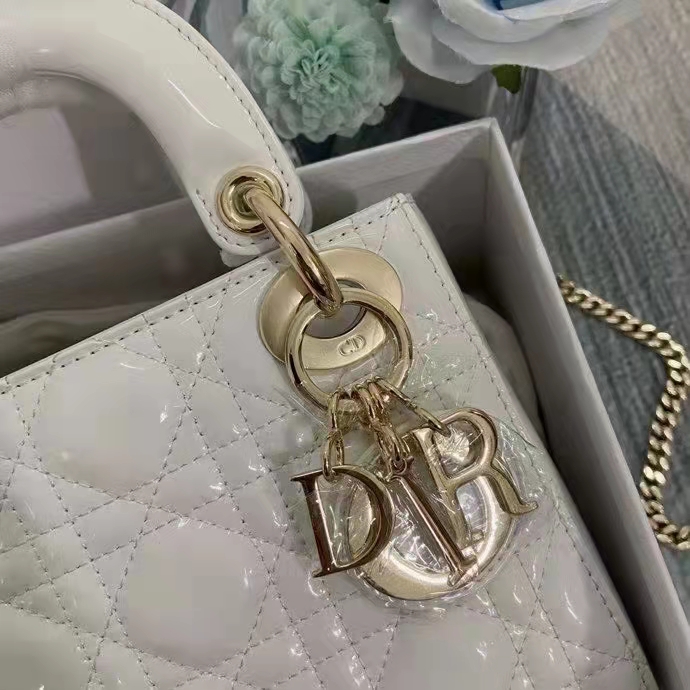 Dior Women CD Mini Lady Dior Bag Latte Patent Cannage Calfskin