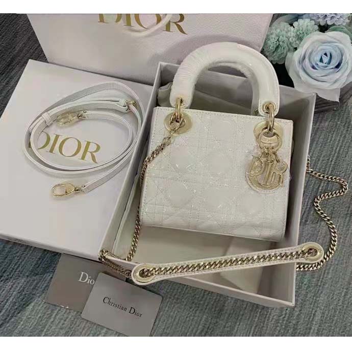 Dior Women CD Mini Lady Dior Bag Latte Patent Cannage Calfskin