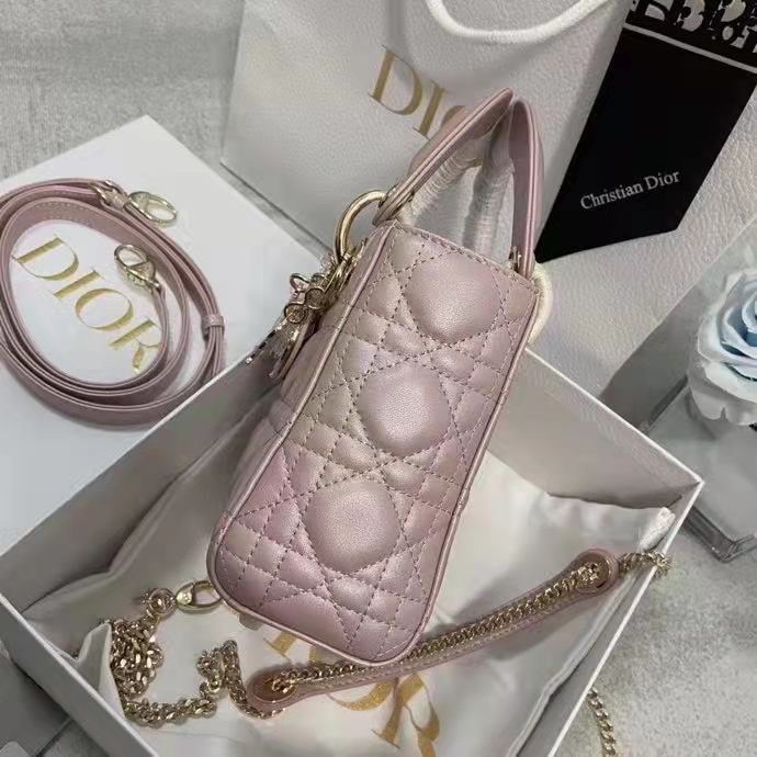 Dior Women CD Mini Lady Dior Bag Lotus Pearlescent Cannage Lambskin