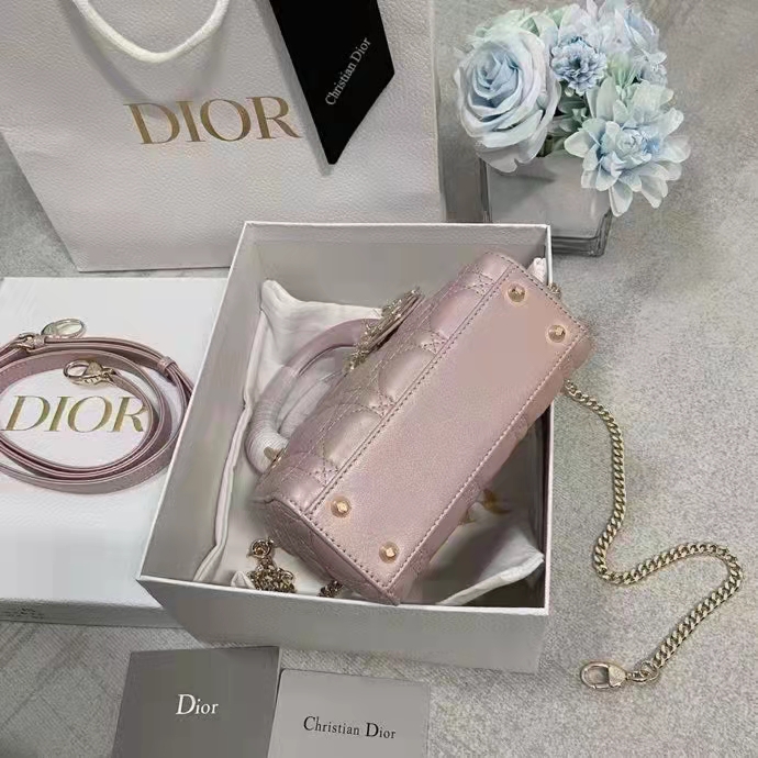 Dior Women CD Mini Lady Dior Bag Lotus Pearlescent Cannage Lambskin