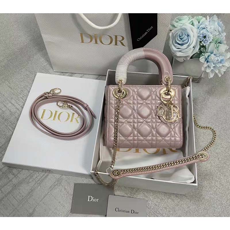 Dior Women CD Mini Lady Dior Bag Lotus Pearlescent Cannage Lambskin