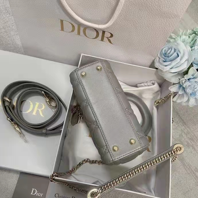 Dior Women CD Mini Lady Dior Bag Opaline Gray Pearlescent Cannage Lambskin