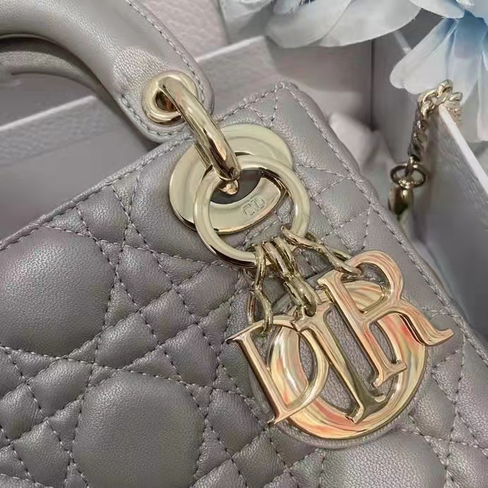 Dior Women CD Mini Lady Dior Bag Opaline Gray Pearlescent Cannage Lambskin