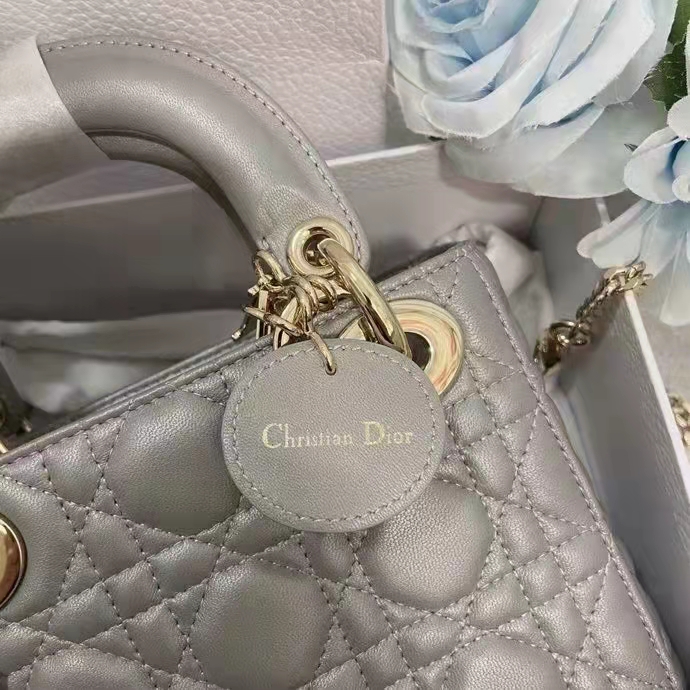 Dior Women CD Mini Lady Dior Bag Opaline Gray Pearlescent Cannage Lambskin
