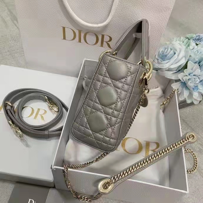 Dior Women CD Mini Lady Dior Bag Opaline Gray Pearlescent Cannage Lambskin