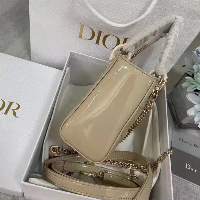 Dior Women CD Mini Lady Dior Bag Pale Yellow Patent Cannage Calfskin