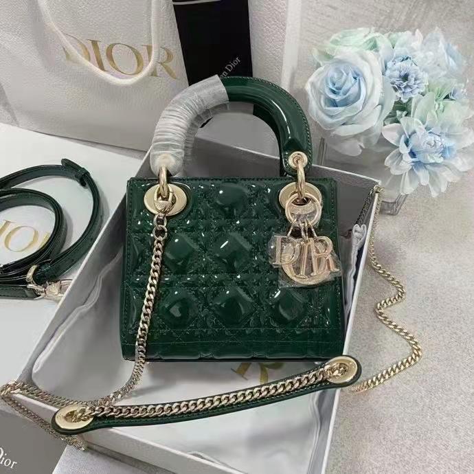 Dior Women CD Mini Lady Dior Bag Pine Green Patent Cannage Calfskin