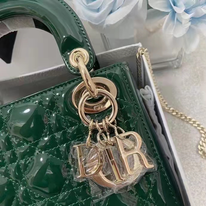 Dior Women CD Mini Lady Dior Bag Pine Green Patent Cannage Calfskin