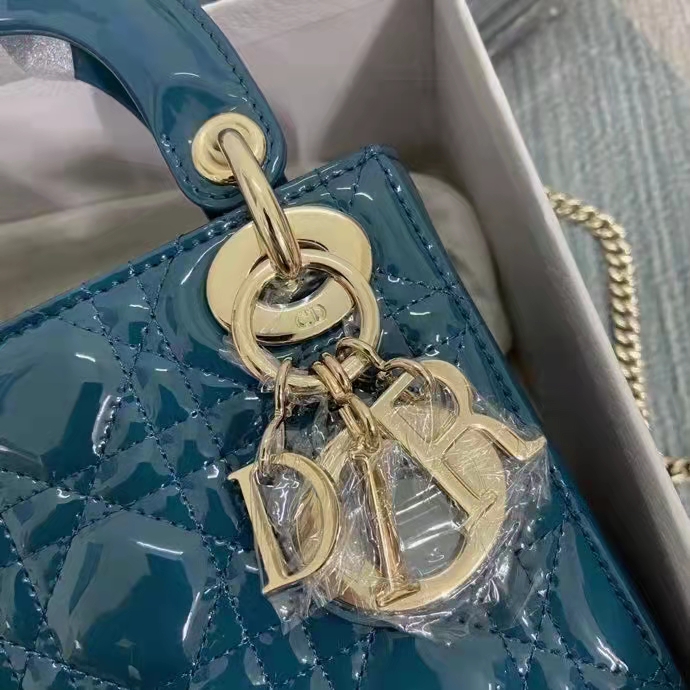 Dior Women Mini Lady Dior Bag Bright Blue Patent Cannage Calfskin