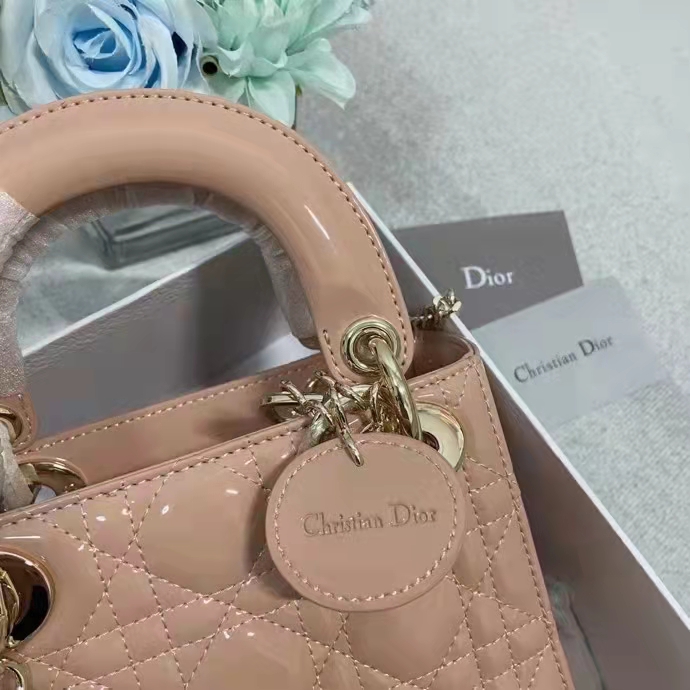 Dior Women Mini Lady Dior Bag Rose Des Vents Patent Cannage Calfskin