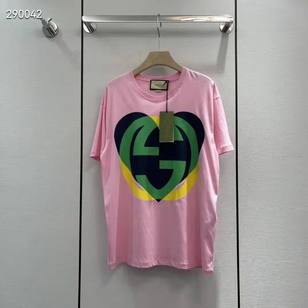 G*u*i men gg interlocking g heart t-shirt pink cotton jersey crewneck oversize fit