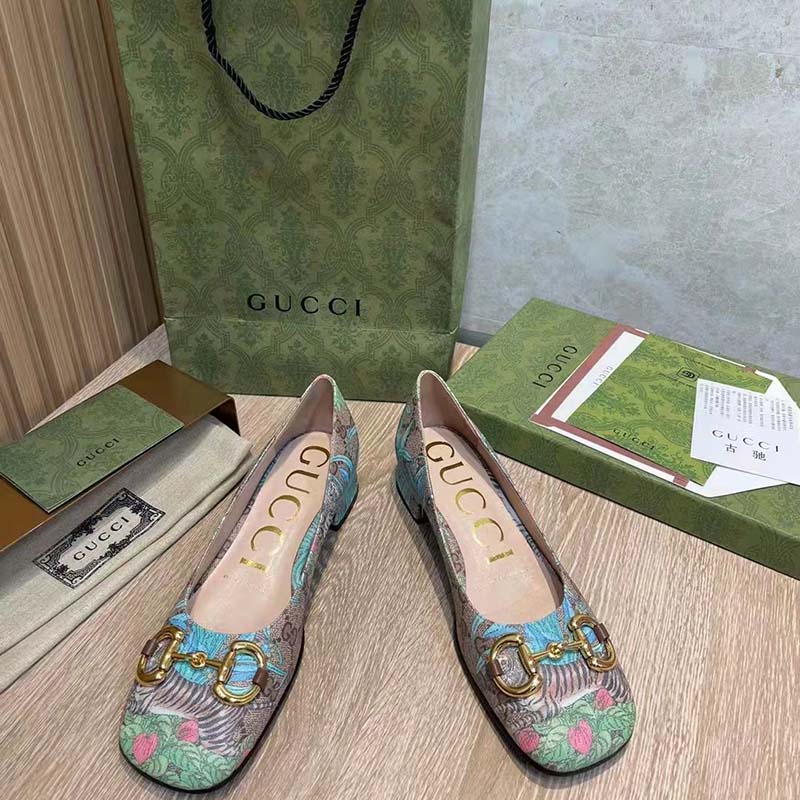 G*u*i women gg tiger ballet flat horsebit tiger flower beige ebony supreme canvas