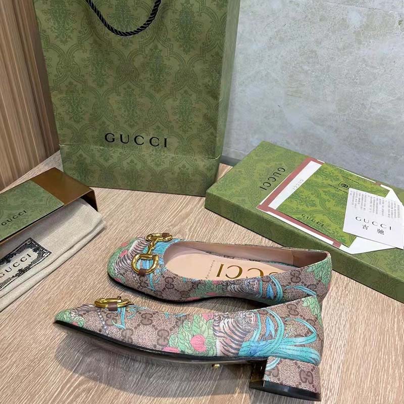 G*u*i women gg tiger ballet flat horsebit tiger flower beige ebony supreme canvas