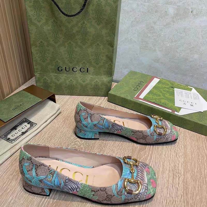 G*u*i women gg tiger ballet flat horsebit tiger flower beige ebony supreme canvas