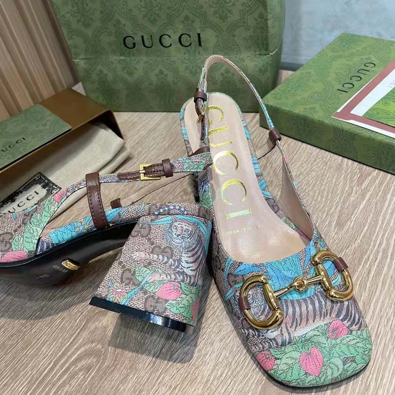 G*u*i women gg tiger mid-heel slingback tiger flower beige ebony supreme canvas