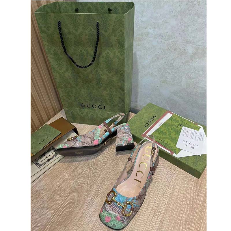 G*u*i women gg tiger mid-heel slingback tiger flower beige ebony supreme canvas