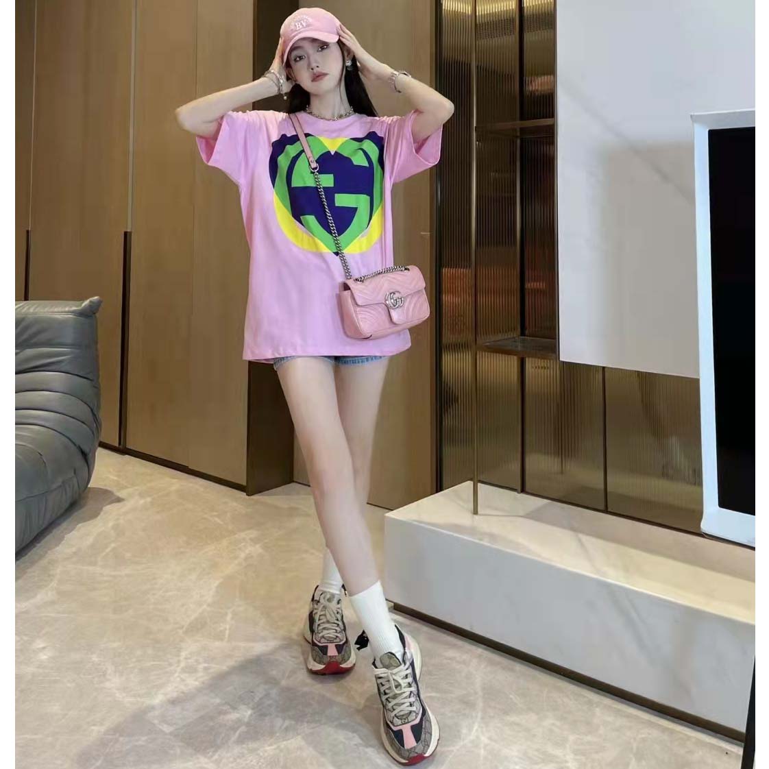 G*u*i women gg interlocking g heart t-shirt pink cotton jersey crewneck oversize fit