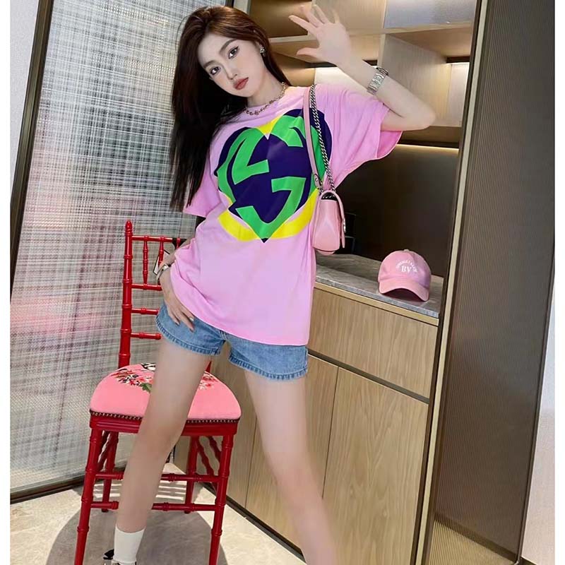 G*u*i women gg interlocking g heart t-shirt pink cotton jersey crewneck oversize fit