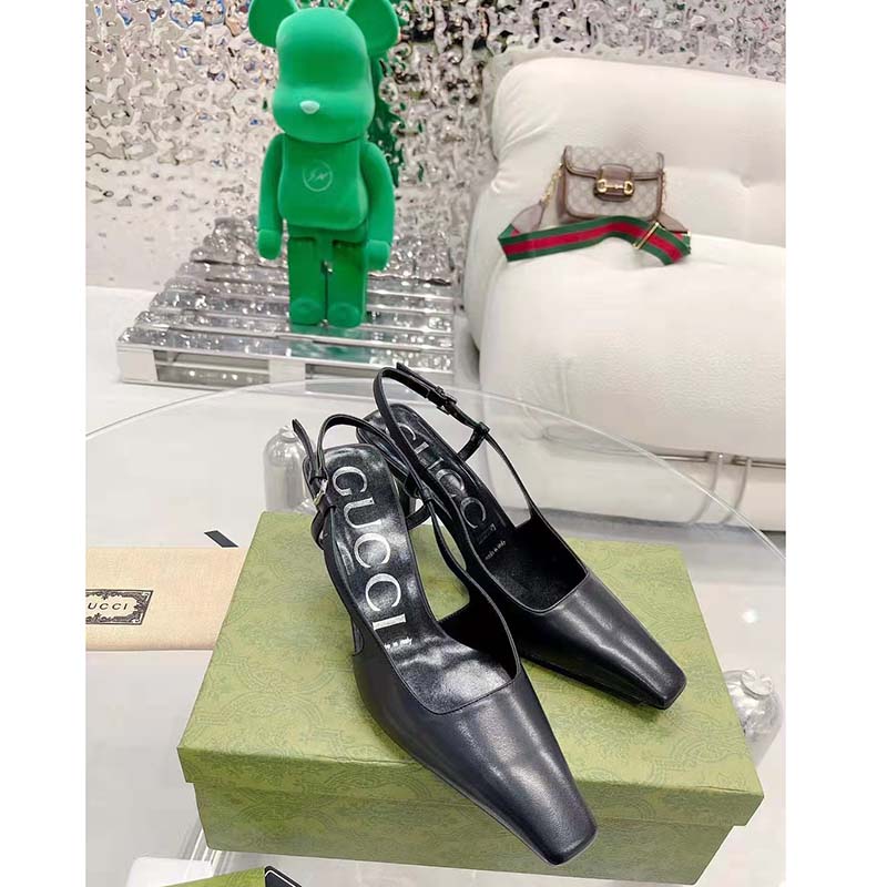 G*u*i women gg slingback pump black leather back ankle buckle 8 cm heel