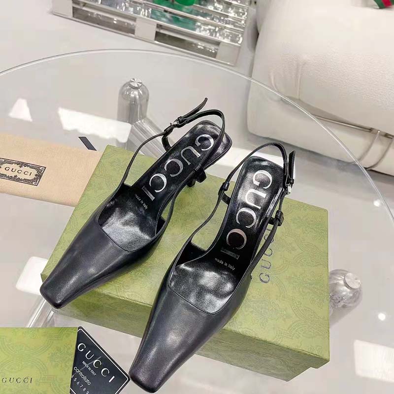G*u*i women gg slingback pump black leather back ankle buckle 8 cm heel