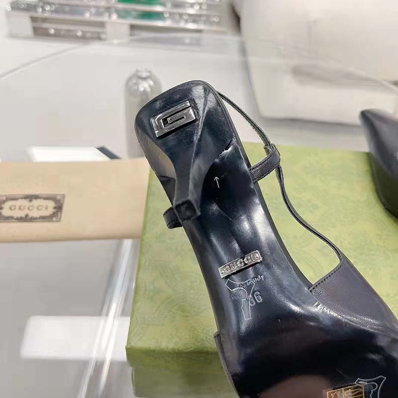 G*u*i women gg slingback pump black leather back ankle buckle 8 cm heel