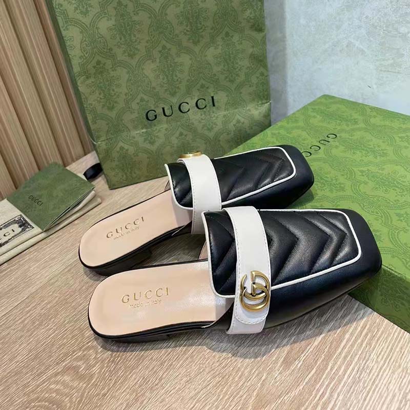 G*u*i women gg slipper double g black leather matelassé chevron insert