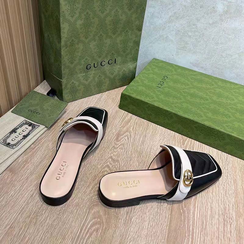 G*u*i women gg slipper double g black leather matelassé chevron insert