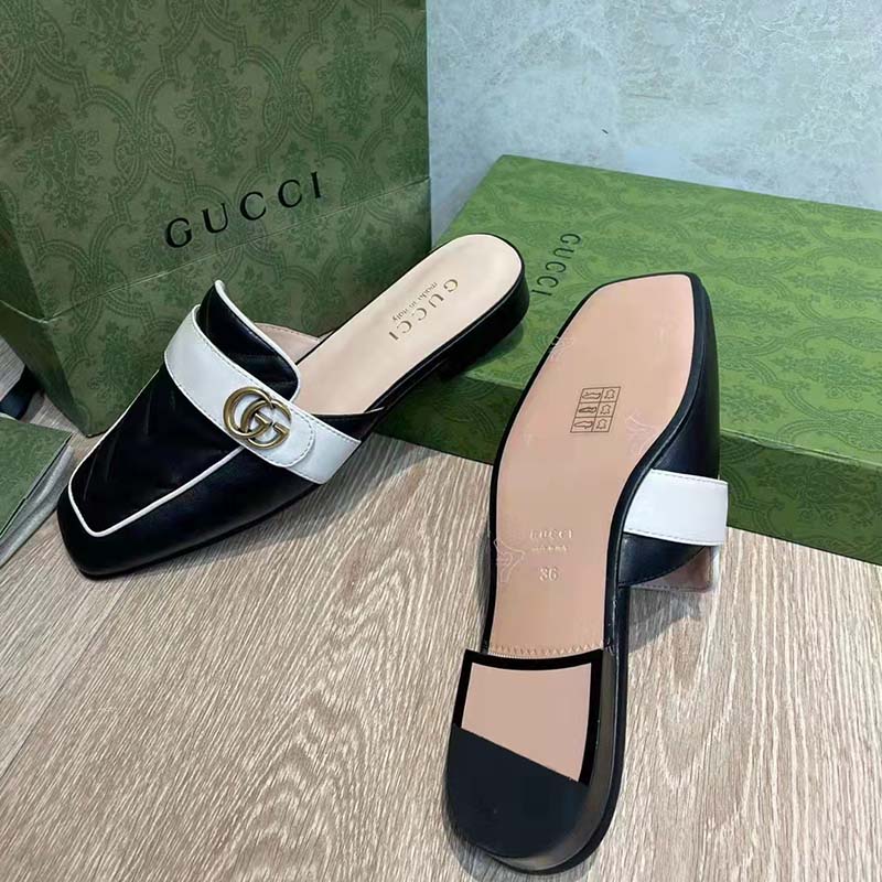 G*u*i women gg slipper double g black leather matelassé chevron insert