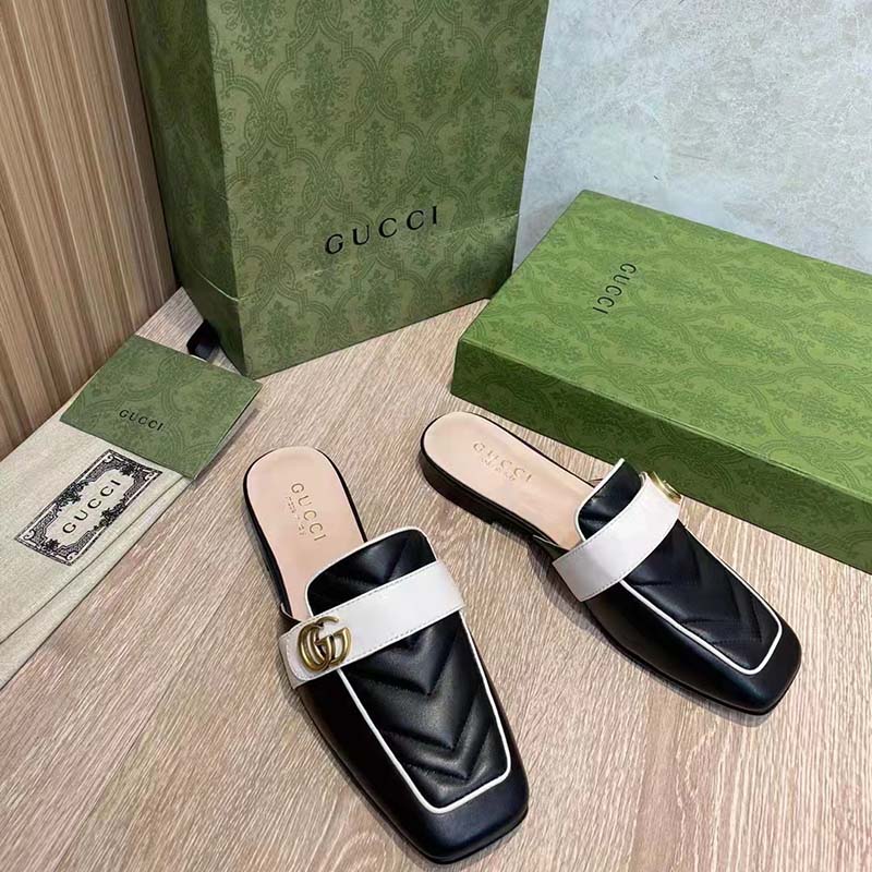 G*u*i women gg slipper double g black leather matelassé chevron insert