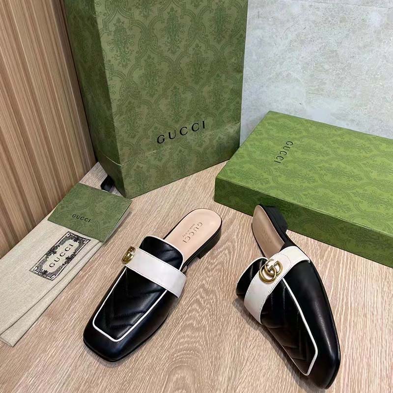 G*u*i women gg slipper double g black leather matelassé chevron insert