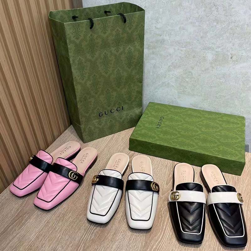 G*u*i women gg slipper double g pink leather matelassé chevron insert