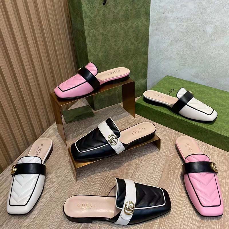 G*u*i women gg slipper double g pink leather matelassé chevron insert