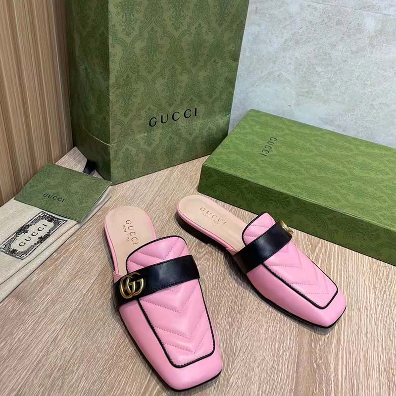 G*u*i women gg slipper double g pink leather matelassé chevron insert